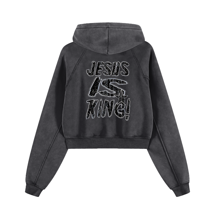 Cropped black zip-through hoodie with "Jesus is King!" print on the back, part of Fearless Apparel Line.