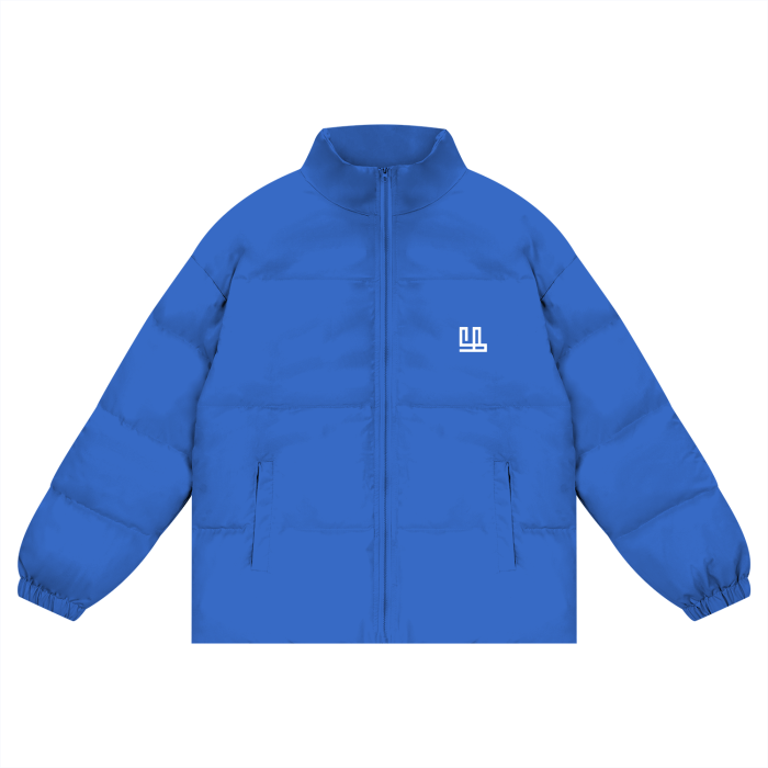 Unisex blue puffer coat with zipper, FearLess Apparel LI, casual outdoor winter wear.
