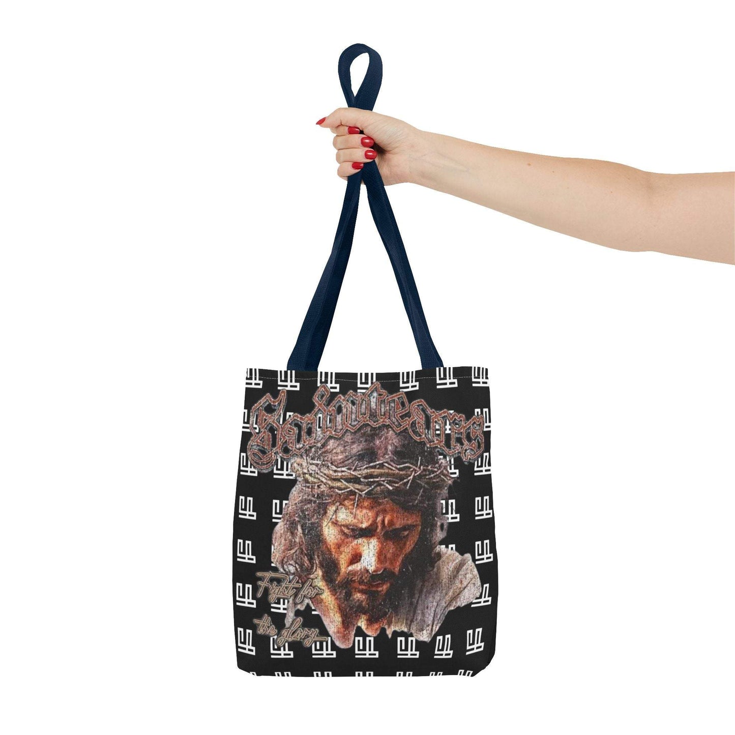 Stylish FearLessLi Tote Bag with artistic design, durable polyester, and navy handles.