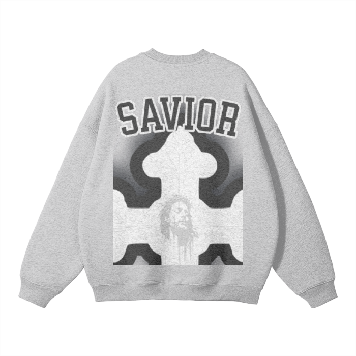 Fearless Apparel Line streetwear unisex solid color fleece pullover with "Savior" graphic, gray, loose fit, casual style.