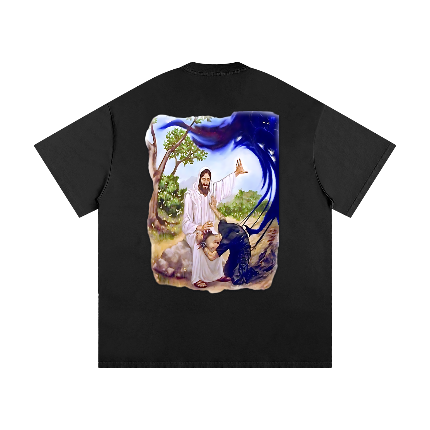 Fearless Apparel Line Jesus Saved Heavyweight Loose Fit T-Shirt, unisex streetwear, 100% cotton, black design with religious illustration on back.