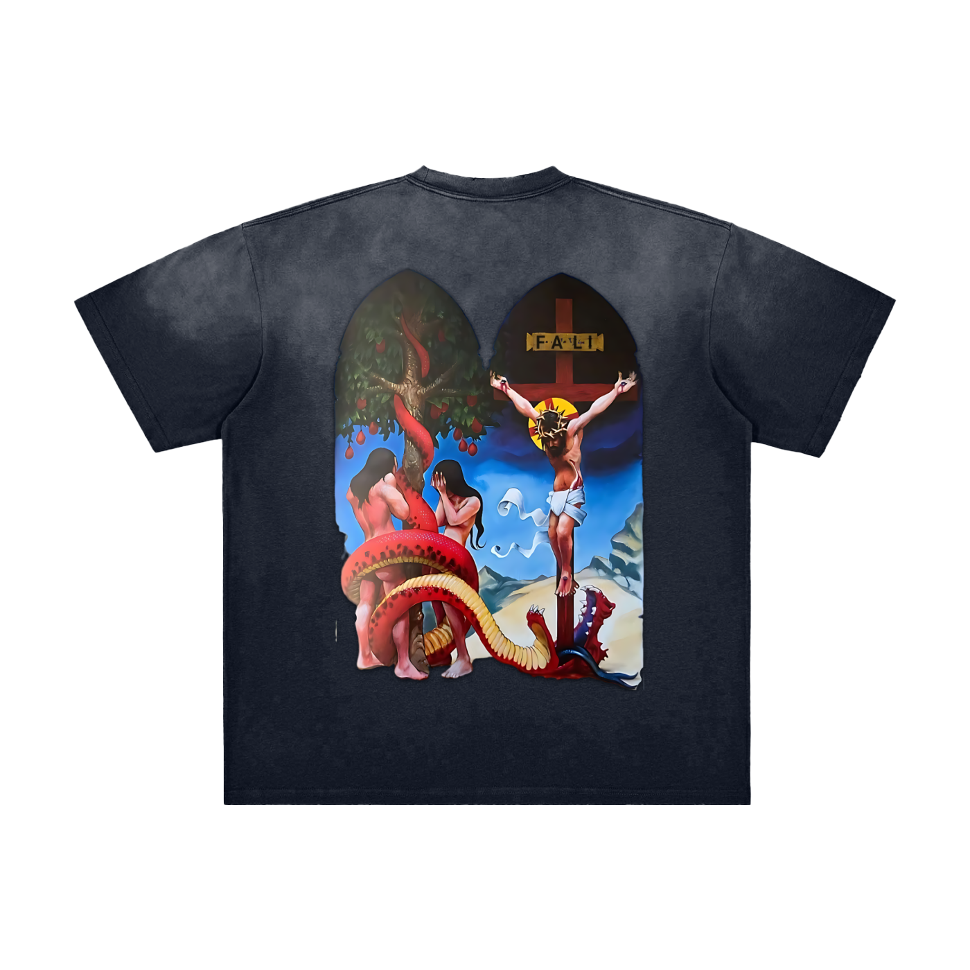 Unisex vintage washed frayed t-shirt with Adam & Eve design from Fearless Apparel Line.