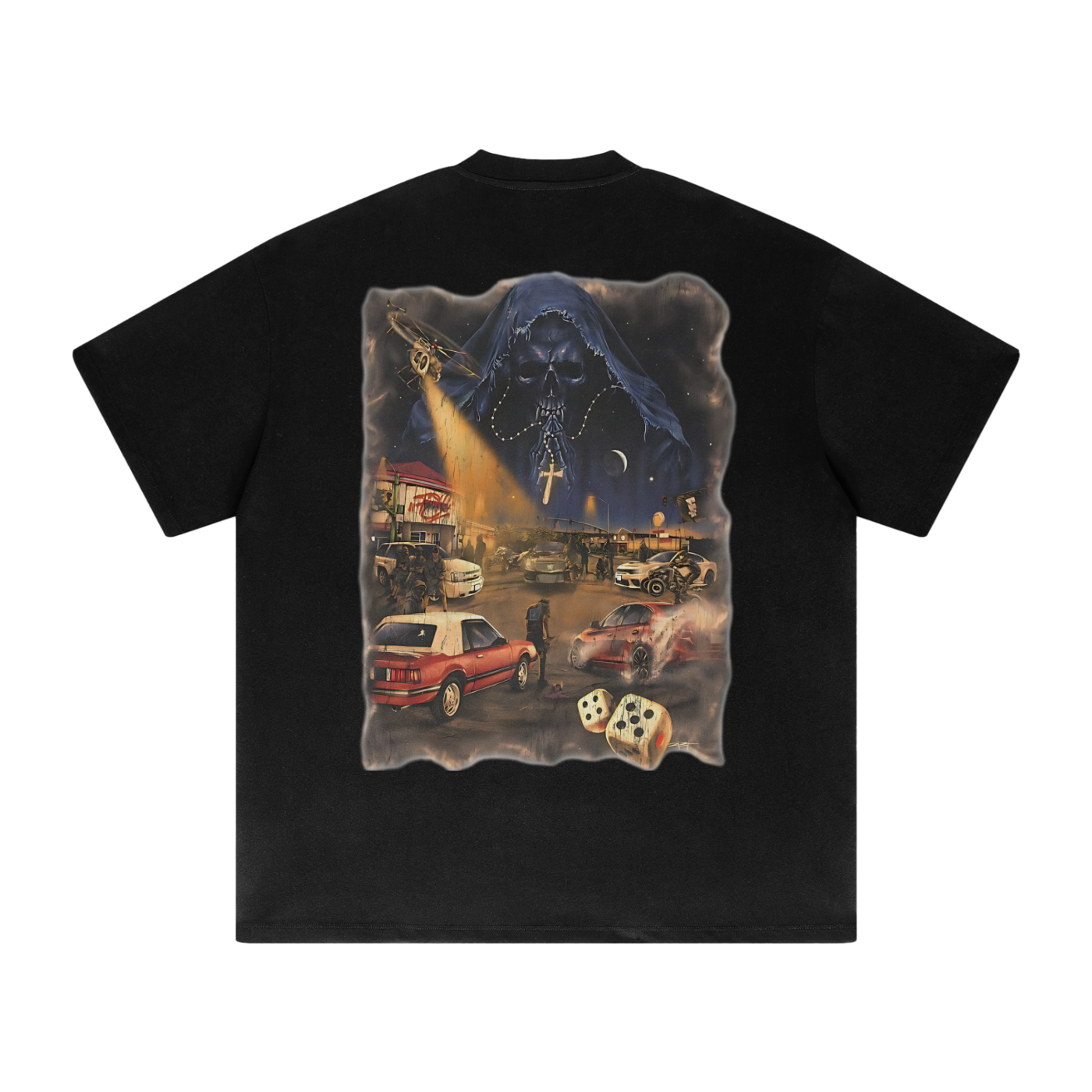 Unisex heavyweight black t-shirt with urban street art back design, drop shoulder, loose fit.