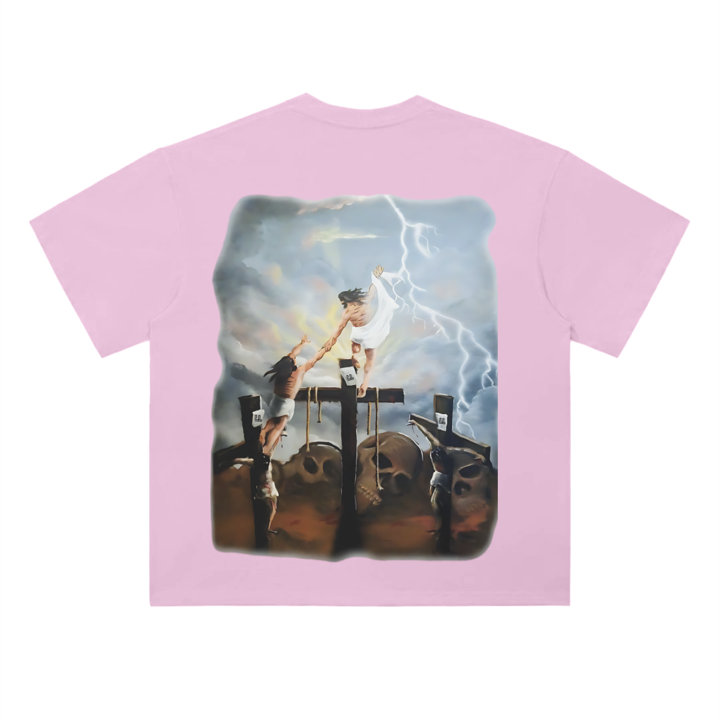 Unisex pink T-shirt with "Only Jesus Can Save" print and drop shoulder design.