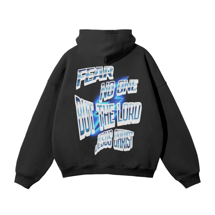 Unisex oversized black fleece hoodie with bold white and blue text on the back.