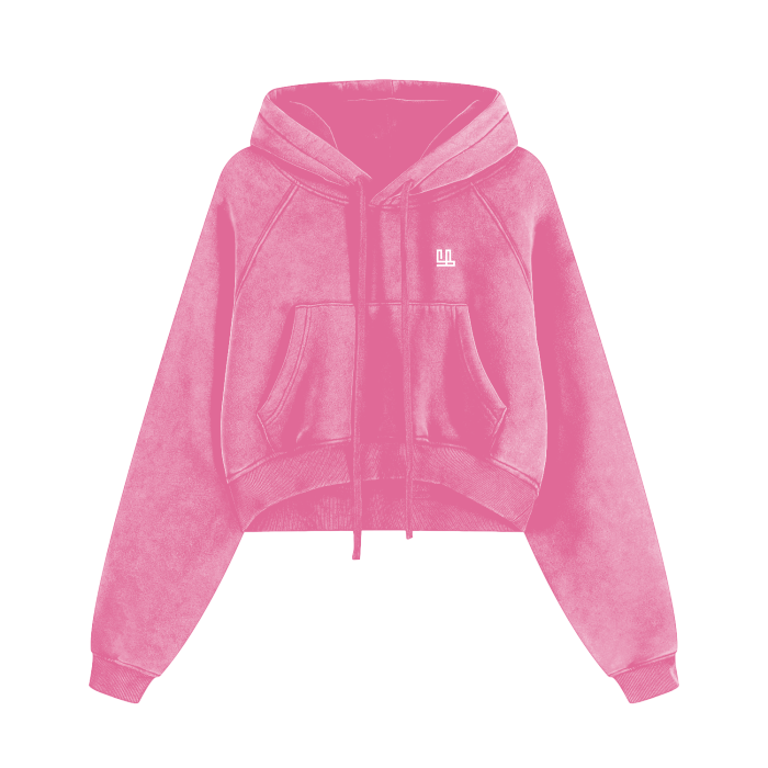 Cropped pink hoodie with zip-through, drawstring, and hood from FearlessLi apparel.