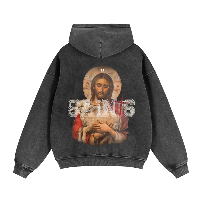 FearLessLi Saints Zip-Through Boxy Hoodie with vintage print, featuring a loose, hooded design with zipper, ideal for casual wear.
