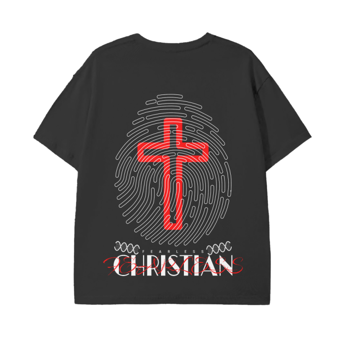 FearLessLI Christian Print Classic T-Shirt with bold cross design on black fabric.
