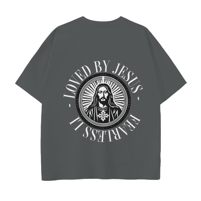 fearlessli Loved By Jesus T-Shirt with bold religious design and comfortable fit.