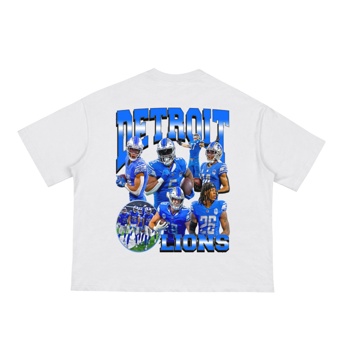 Detroit Lions Fearless Line Boxy T-shirt with team logo and "Fear Less" slogan.