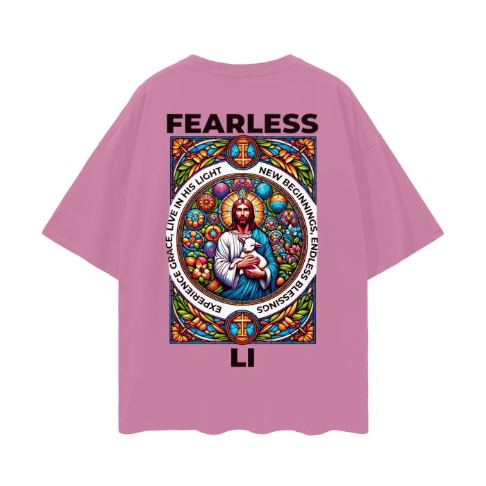 FearLessLI T-shirt with fearless defender design in vibrant colors on a pink background.