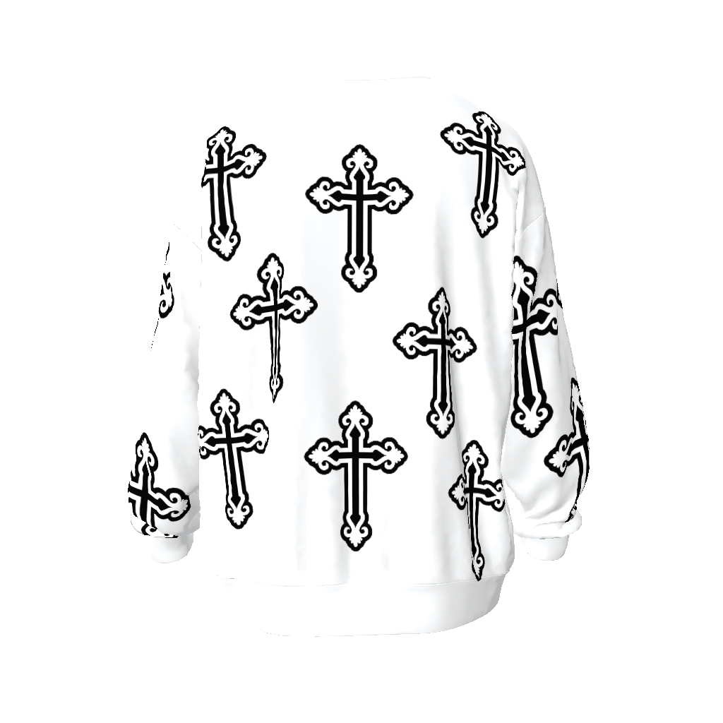 FearLessLI Sreetwear oversized sweatshirt with bold cross pattern design.
