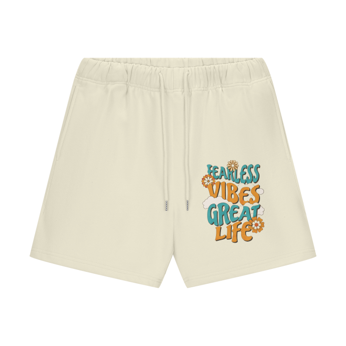 FearLessLi Fleece Shorts with motivational text design on beige background.