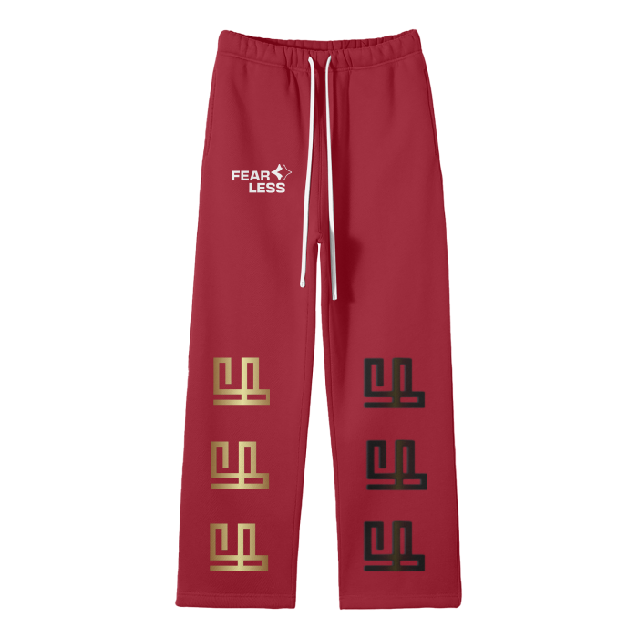 FearLessLi Fleece Streetwear Pants in red with straight fit and multiple printed logos.