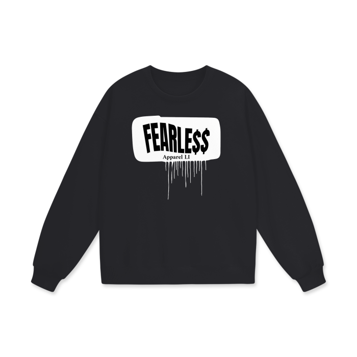 Black sweatshirt with "Fearless" and "Apparel LI" text in bold print.