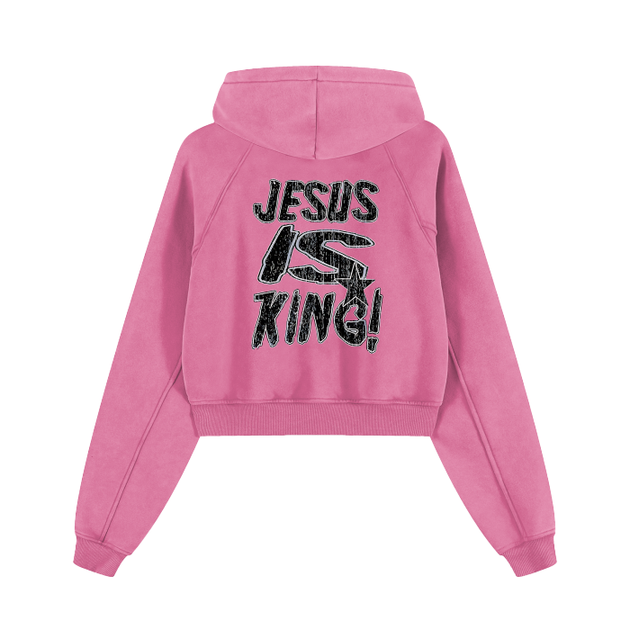 FearlessLi pink cropped hoodie with "Jesus Is King!" graphic, drawstring hood, and long sleeves.