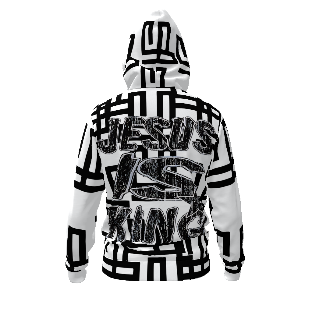 Men's oversized zip-up hoodie with "Jesus Is King" print, black and white geometric design; unisex, 100% polyester.