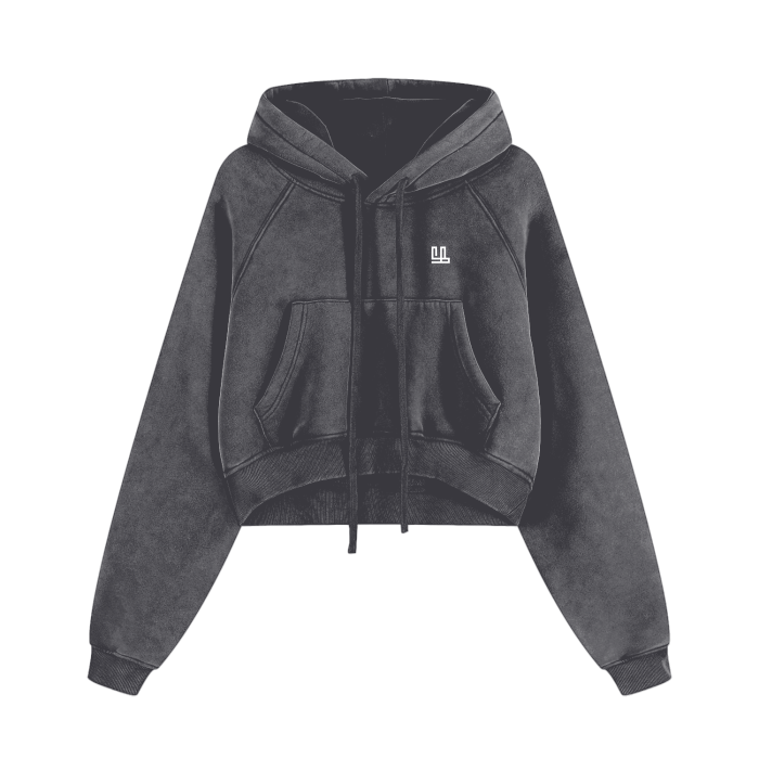 Cropped unisex zip-through hoodie with drawstring and drop shoulder, part of FearlessLi apparel line.
