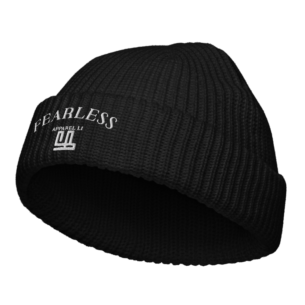 FearLessLi knitted beanie hat in black with embroidered logo, providing warmth and style.