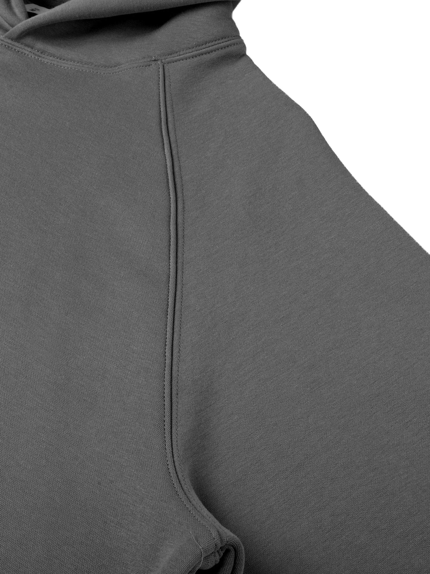 Close-up of grey Lions Fearless Apparel Line Raglan Sleeve Hoodie fabric and stitching.