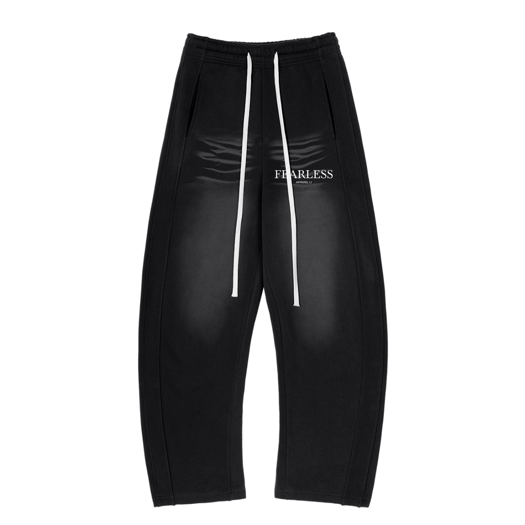 Sunfade Curved Blade Sweatpants in black with drawstrings and printed design.