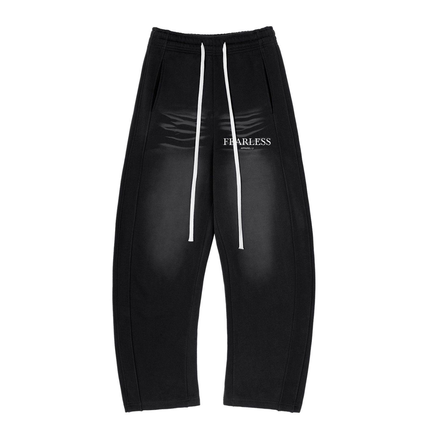 Sunfade Curved Blade Sweatpants in black with drawstring waist and "Fearless" logo.