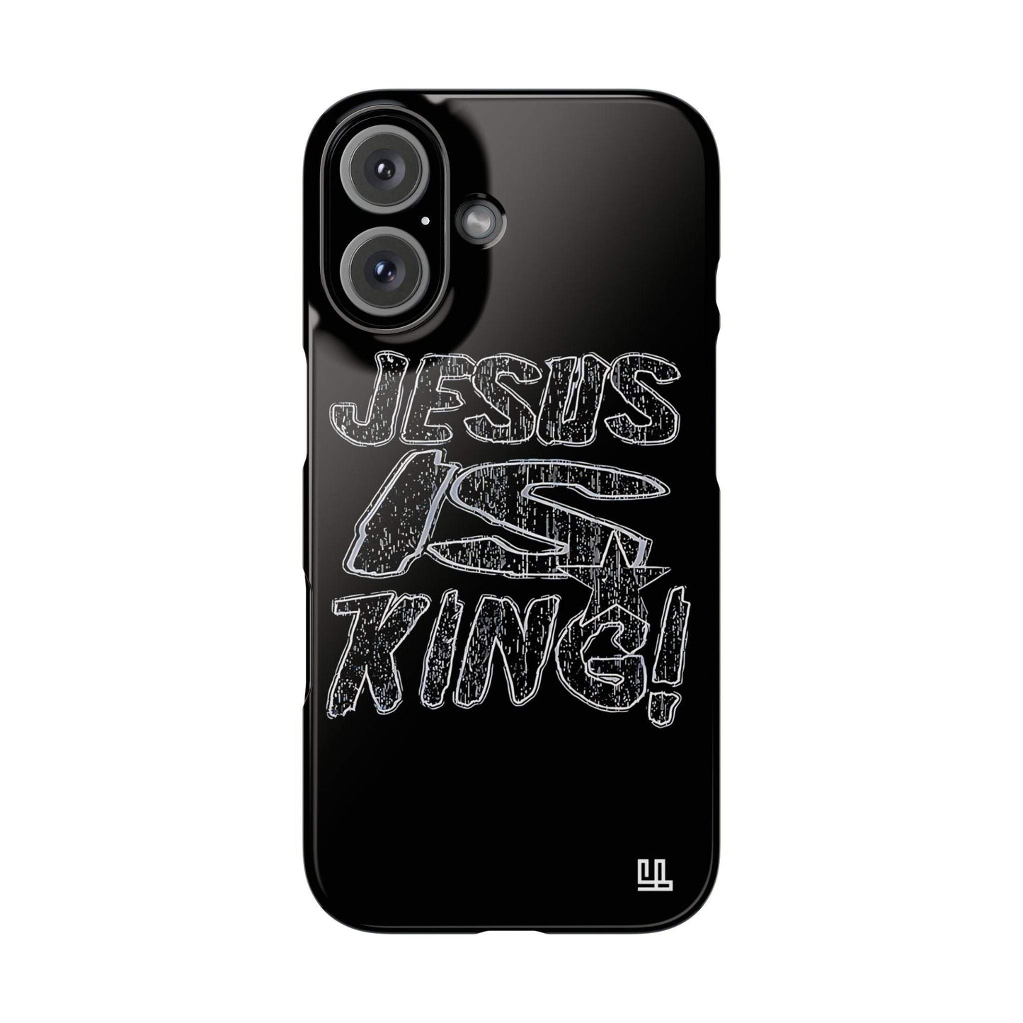 Slim black phone case with "Jesus Is King" design, glossy finish, compatible with iPhone 16, FearlessLi brand.