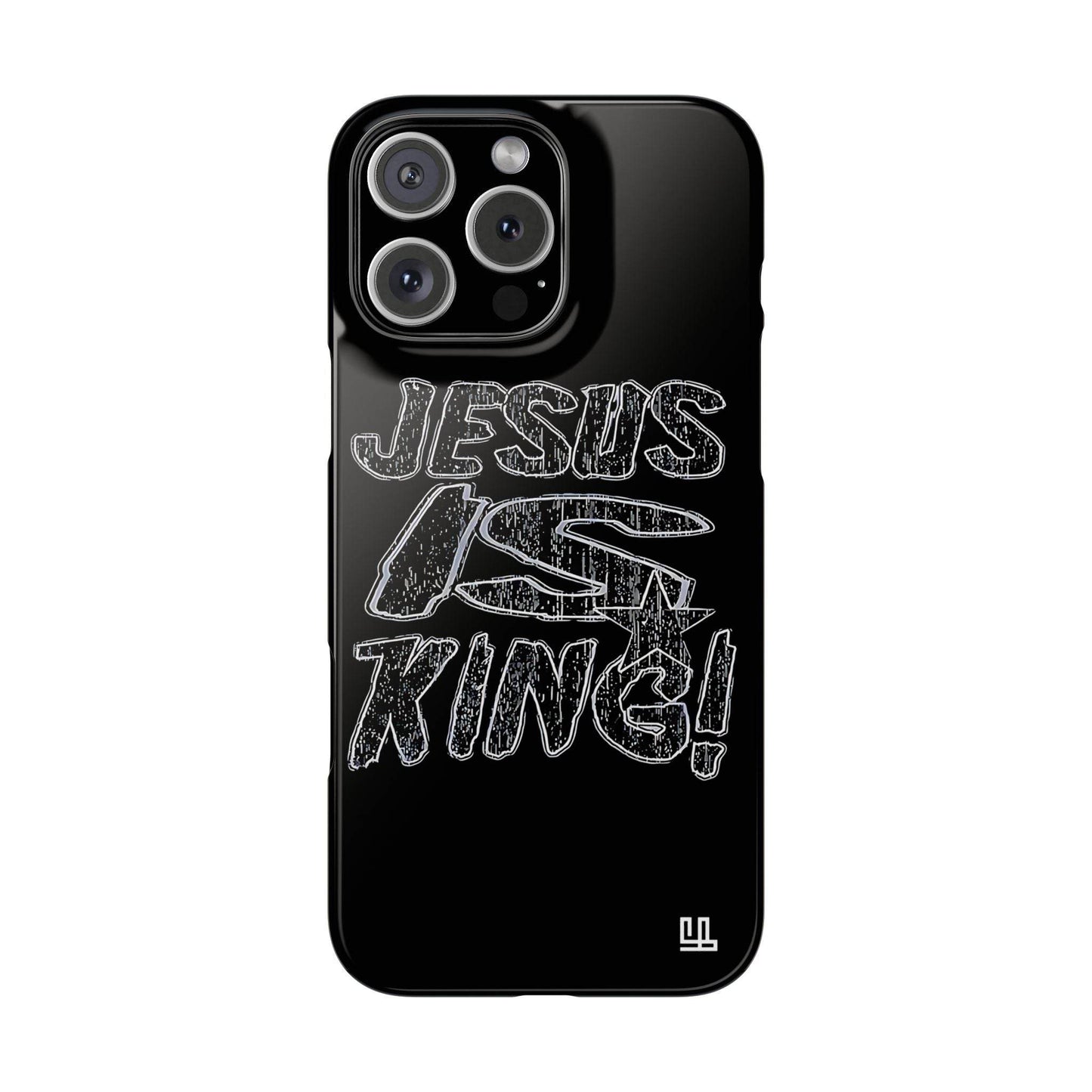 FearlessLi Slim Phone Case with "Jesus is King" design for iPhone 16 series, glossy finish.