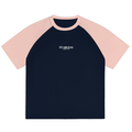 Unisex color-blocked raglan sleeve T-shirt by Fearless Apparel Line in navy and pink, casual and versatile.