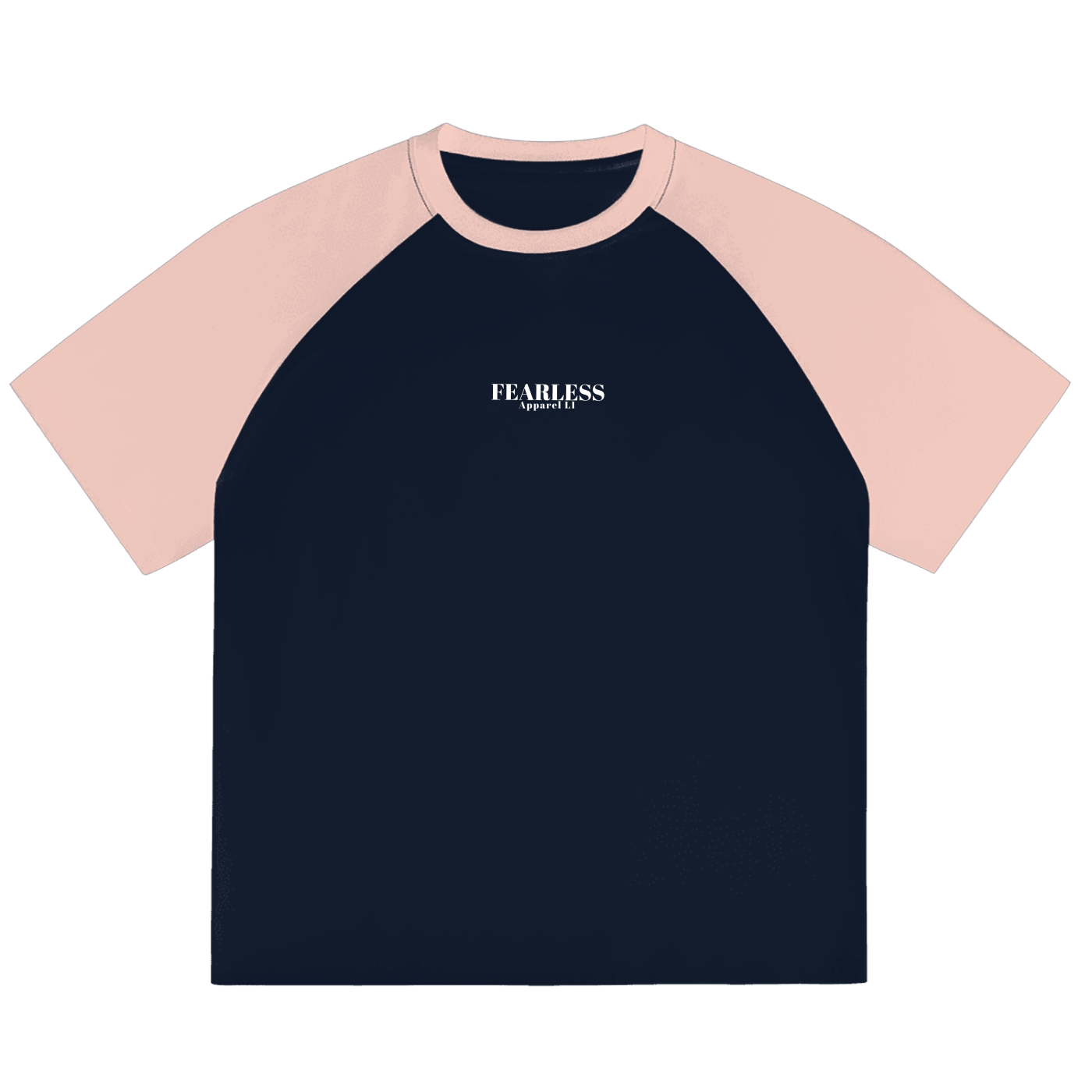 Unisex color-blocked raglan sleeve T-shirt by Fearless Apparel Line in navy and pink, casual and versatile.