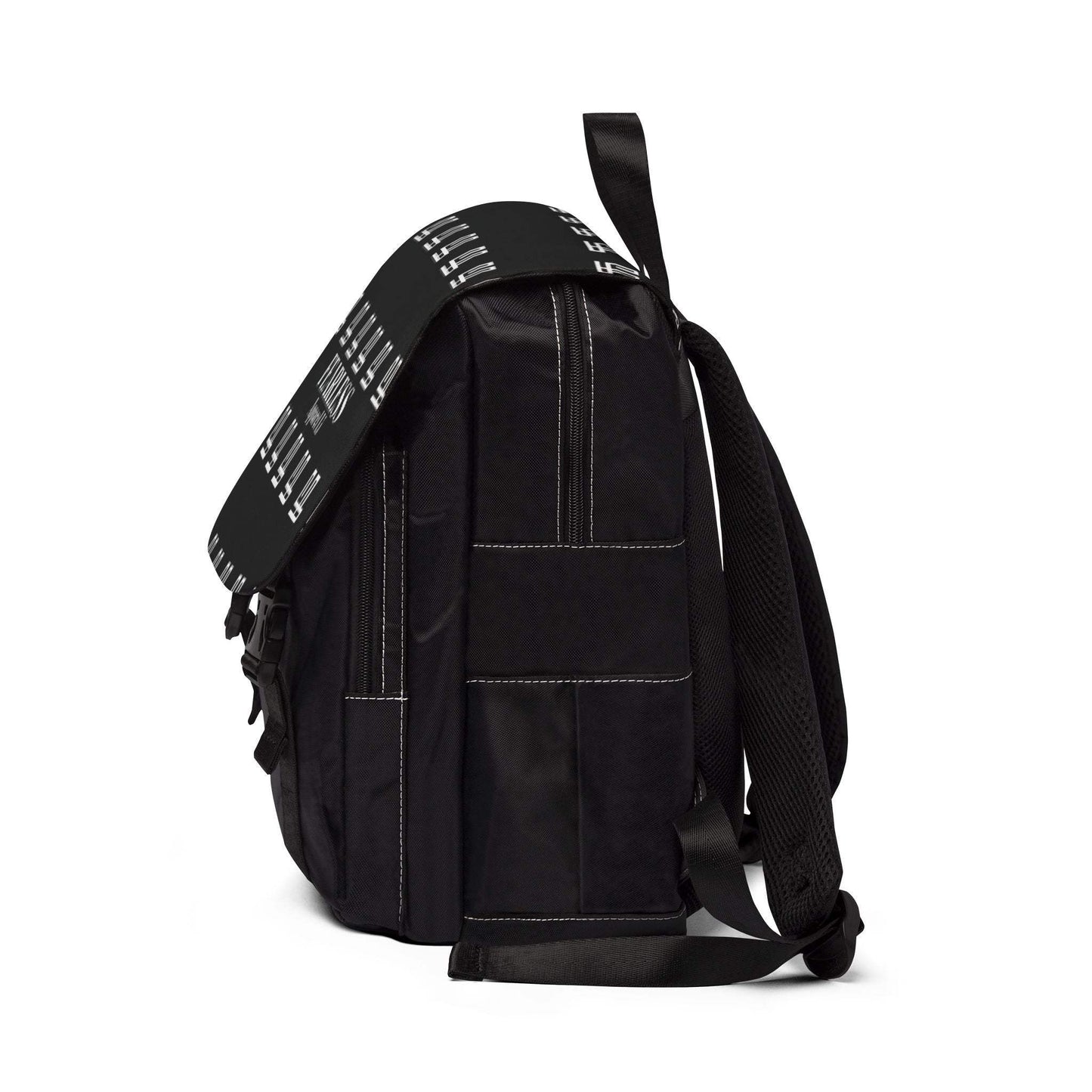 FearlessLi Casual Backpack, black Oxford fabric, side view showing compartments and adjustable straps.