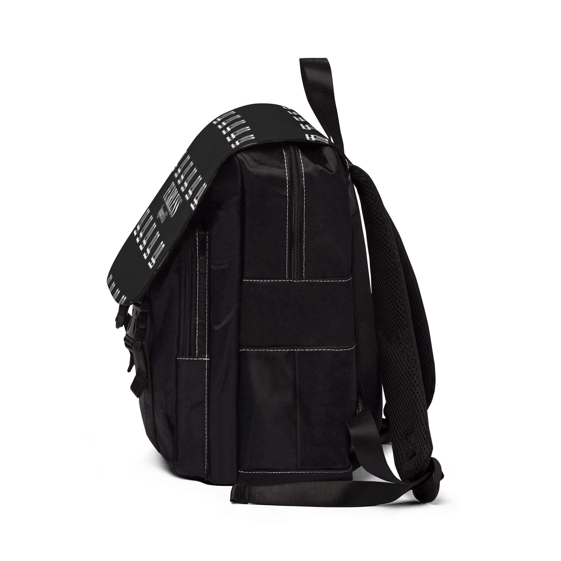 FearlessLi Casual Backpack, black Oxford fabric, side view showing compartments and adjustable straps.