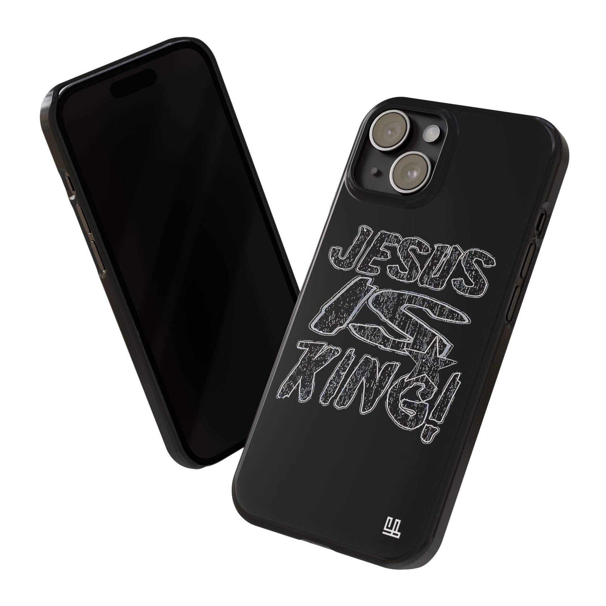 Slim black phone case with "Jesus Is King" design, lightweight and glossy, for iPhone 16 series.