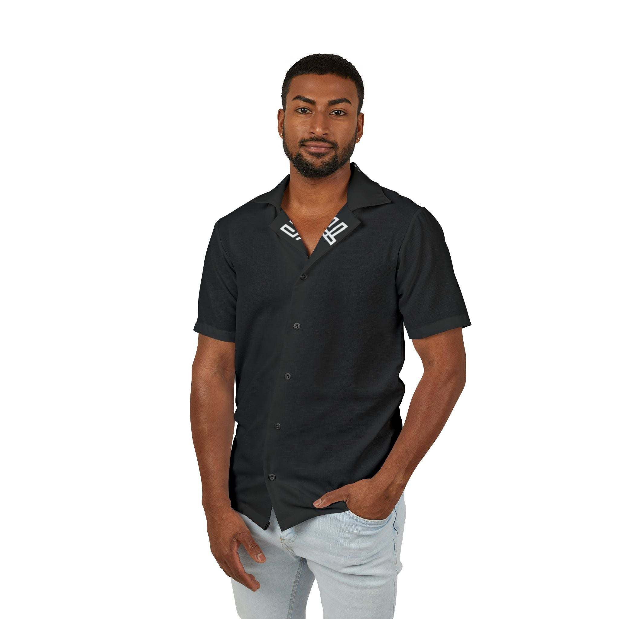 Men's Hawaiian camp shirt with vibrant all-over print and breathable polyester fabric