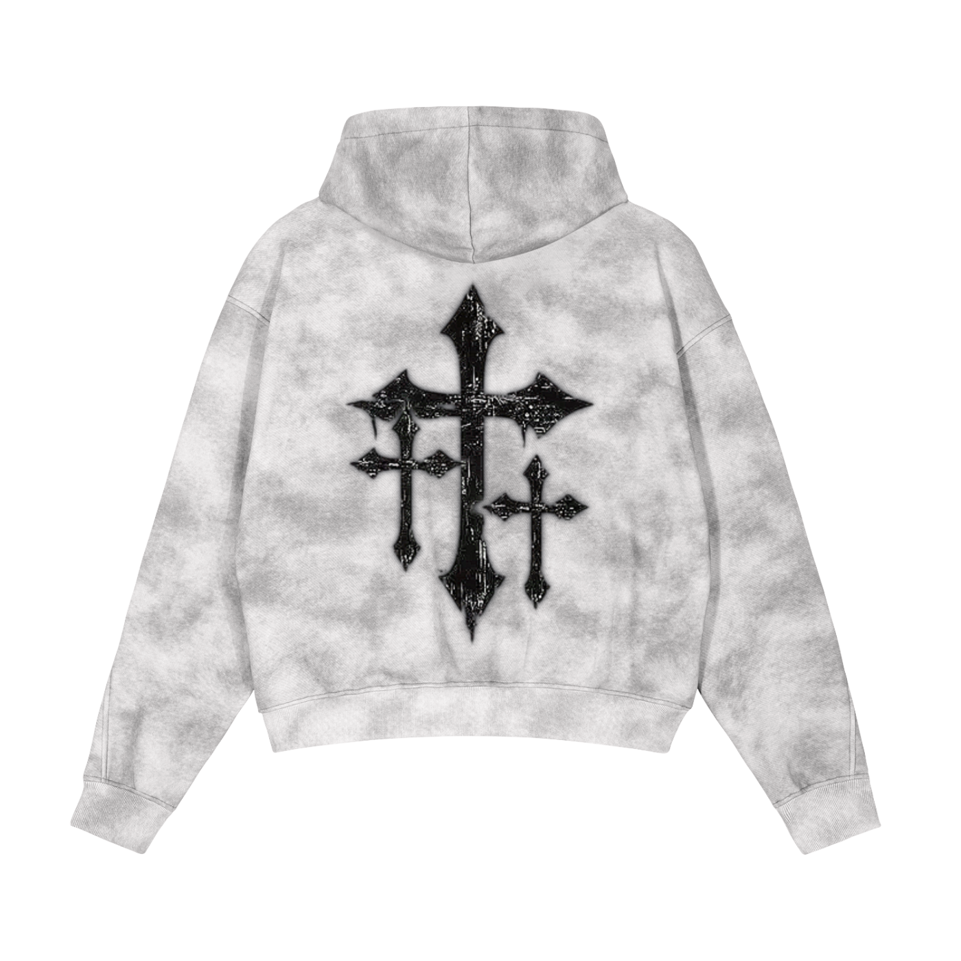 dirty washed boxy zip-up fleece hoodie in grey with cross design on back