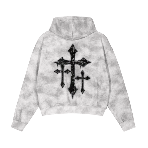 dirty washed boxy zip-up fleece hoodie in grey with cross design on back