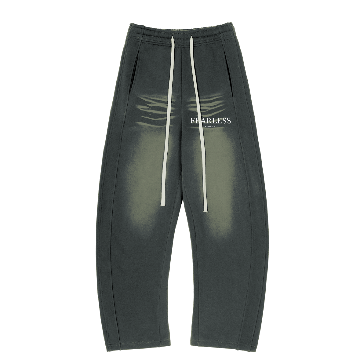 Sunfade Curved Blade Sweatpants in black, gender-neutral, featuring a regular fit with knee graphics and text detail, machine washable.