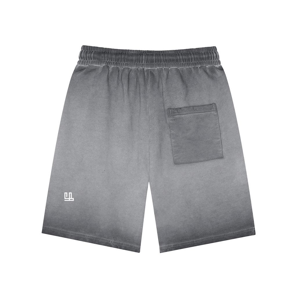 Reverse dyed grey sweat shorts with an elastic waistband and a back pocket from Fearless Apparel Line, showcasing a vintage look.