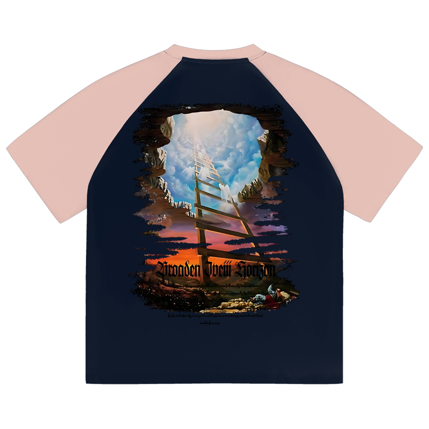 Color-blocked raglan sleeve t-shirt with mountain and ladder print design, unisex style by Fearless Apparel Line.