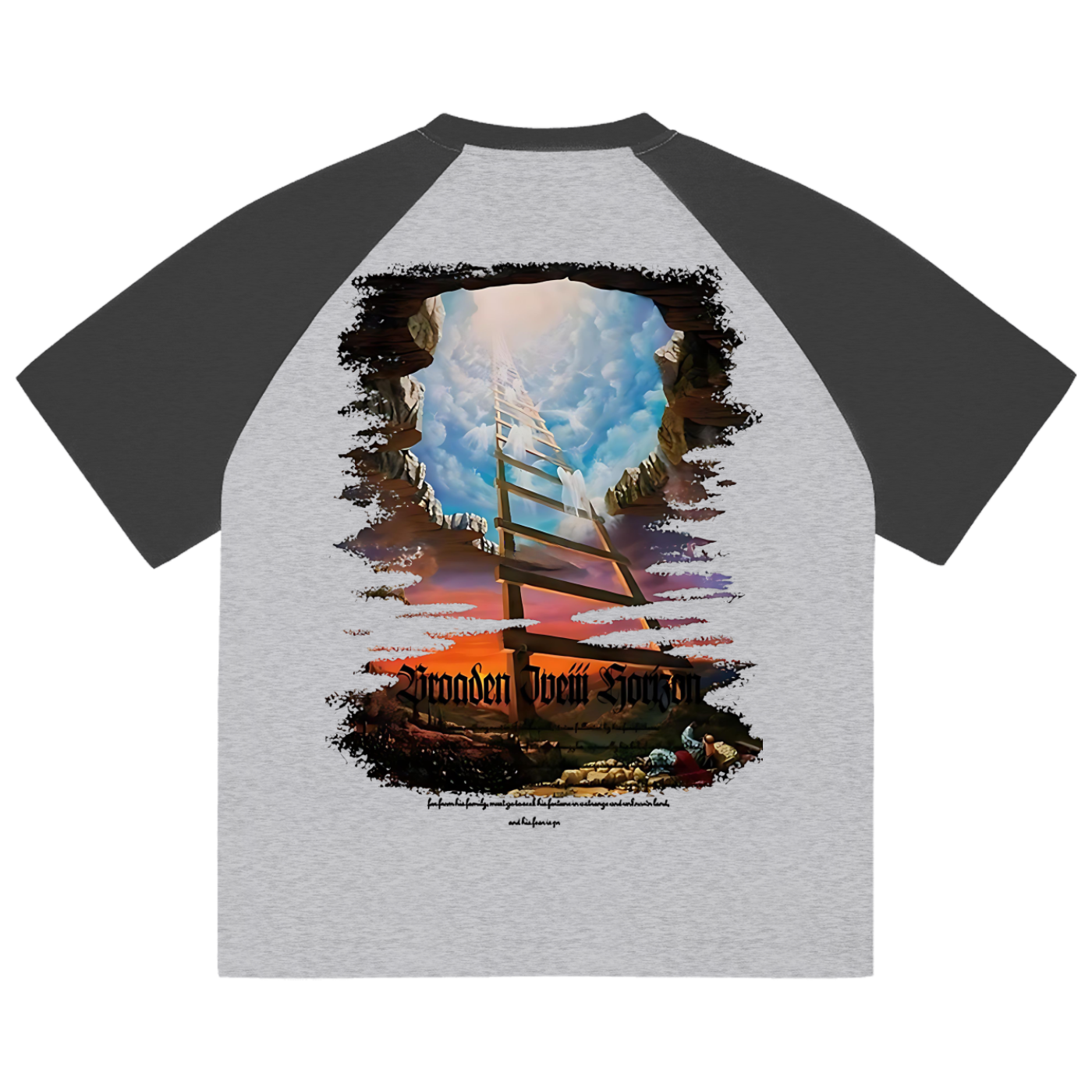 Fearless Apparel Line Color-Blocked Raglan Sleeve T-shirt, unisex, round neck, short sleeves, artistic back graphic design, grey and black tone.