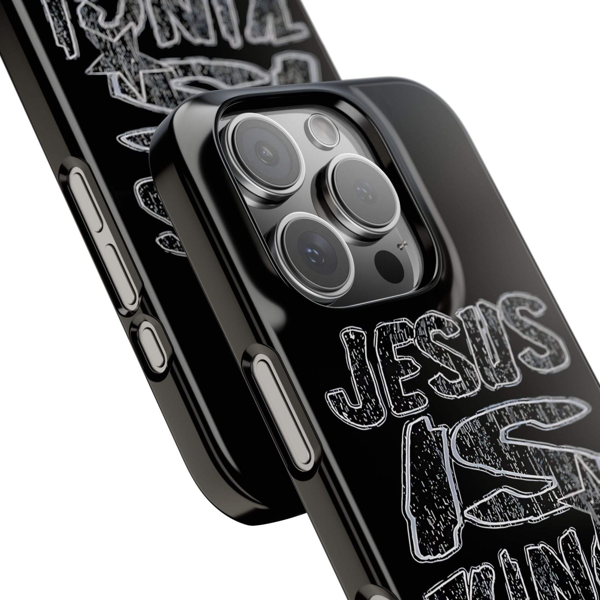 Slim black phone case with "Jesus is King" design for iPhone 16, glossy finish, FearlessLi.
