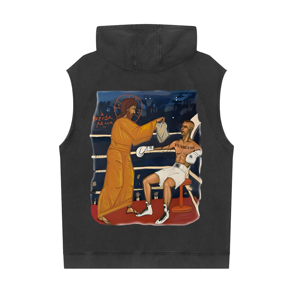 Fearless Apparel Line Boxing Snow Washed Sleeveless Streetwear Hoodie for Men
