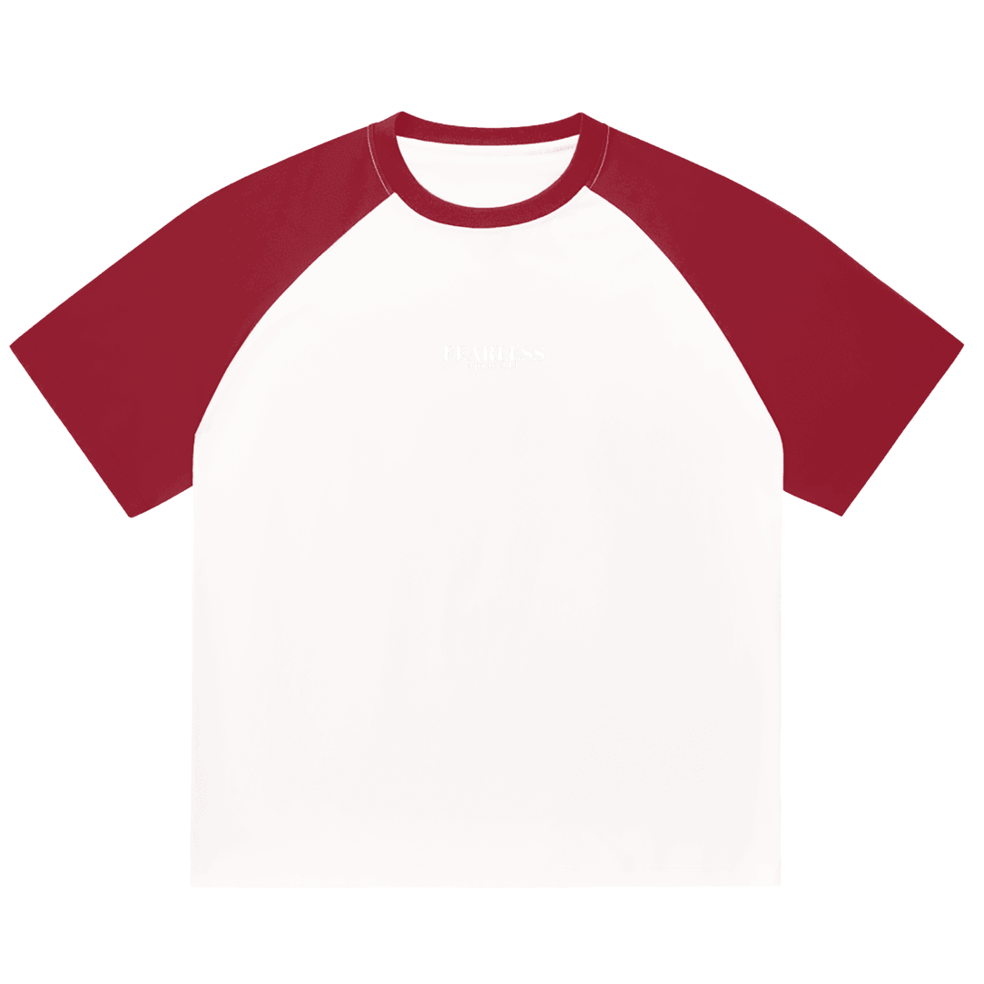 Color-blocked raglan sleeve t-shirt in white and maroon, round neck, short sleeves.