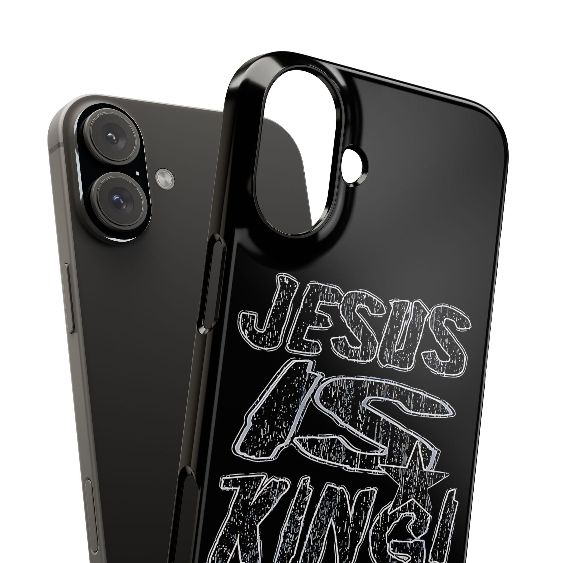 Slim black phone case with "Jesus is King" design, offering a glossy finish and precise fit, compatible with iPhone 16 series.