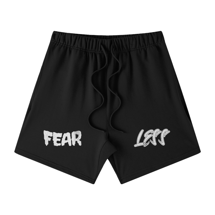 FearLessLi Shorts in black with bold typography design.