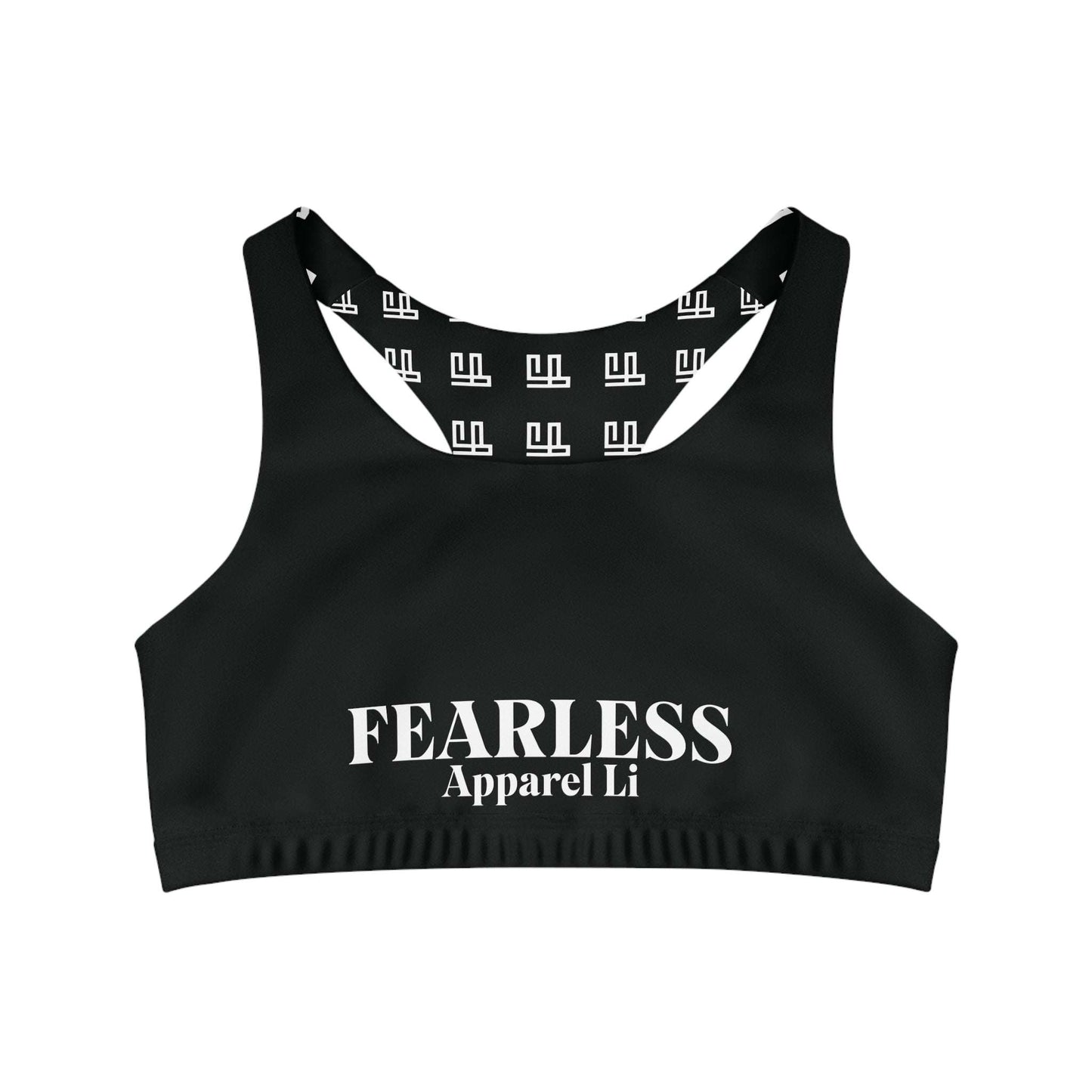Seamless Sports Bra Fearlessli in black with white logo, designed for comfort and support during workouts.