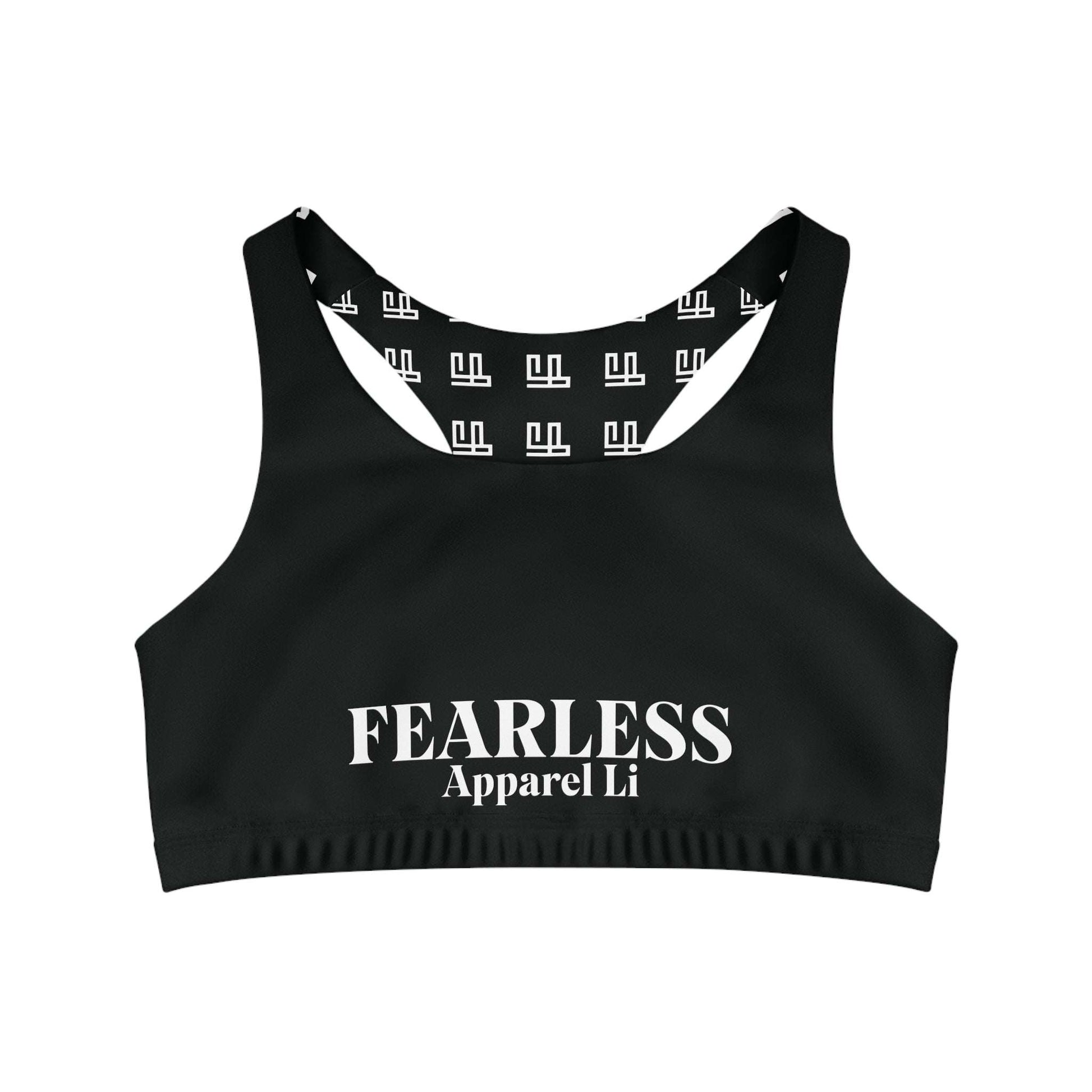 Seamless Sports Bra Fearlessli in black with white logo, designed for comfort and support during workouts.