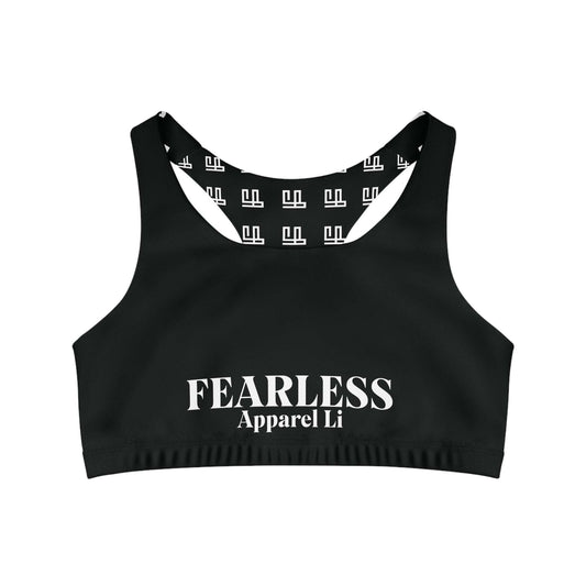Seamless Sports Bra Fearlessli in black with white logo, designed for comfort and support during workouts.