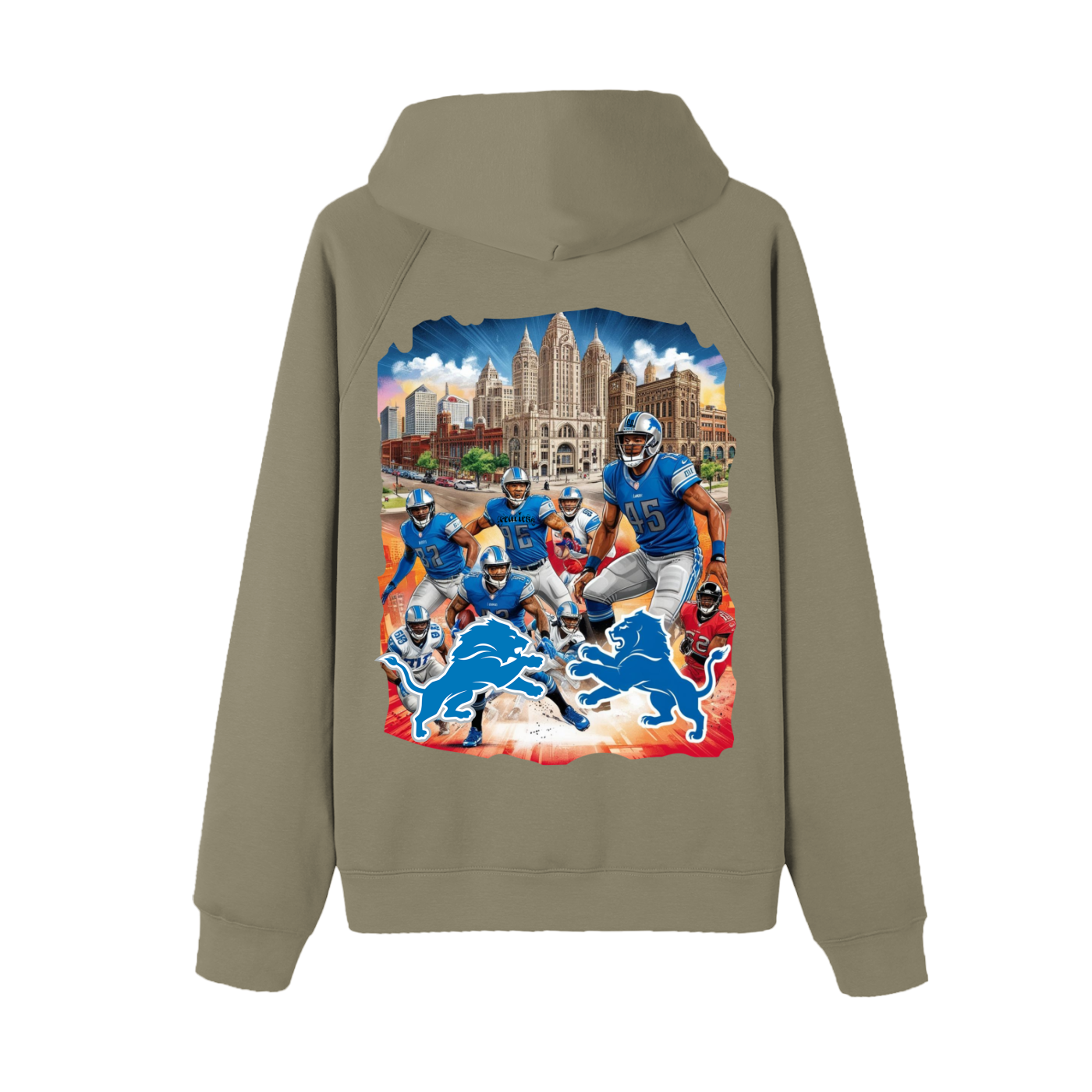 Unisex Lions Fearless Apparel Line Raglan Sleeve Hoodie in apricot with colorful city and lions print, drop shoulder design, and hood.