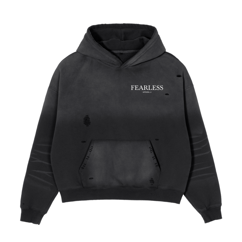 Unisex black and grey frayed sunfade boxy hoodie with "Fearless" text, featuring long sleeves and hood, from Fearless Apparel Line.